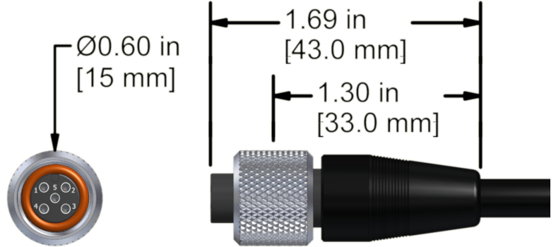 A line drawing showing the diameter and length of an assembled CTC M5E vibration sensor connector kit.