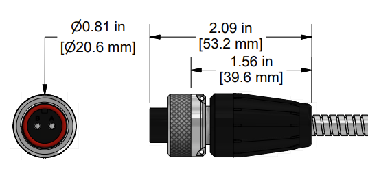A line drawing showing the diameter and length of an assembled CTC Q2A vibration sensor connector kit.