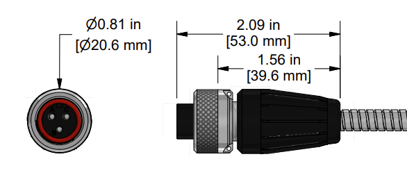 A line drawing showing the diameter and length of an assembled CTC Q3N vibration sensor connector kit.