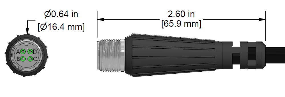 A line drawing showing the diameter and length of an assembled CTC R4J vibration sensor connector kit.