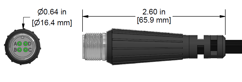 A line drawing showing the diameter and length of an assembled CTC R4JG vibration sensor connector kit.