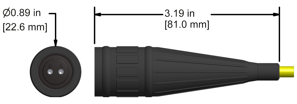 A line drawing showing the diameter and length of an assembled CTC V2N vibration sensor connector kit.