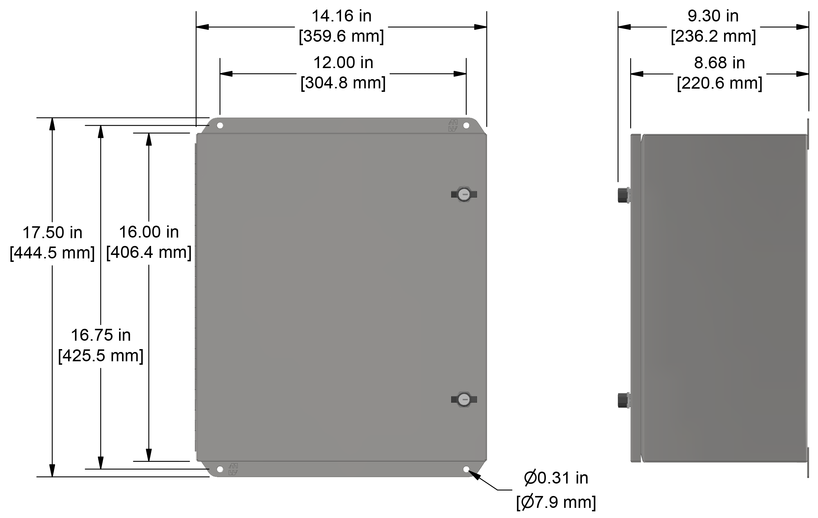 A drawing showing the dimensions of a CTC SCE410 Series industrial enclosure.