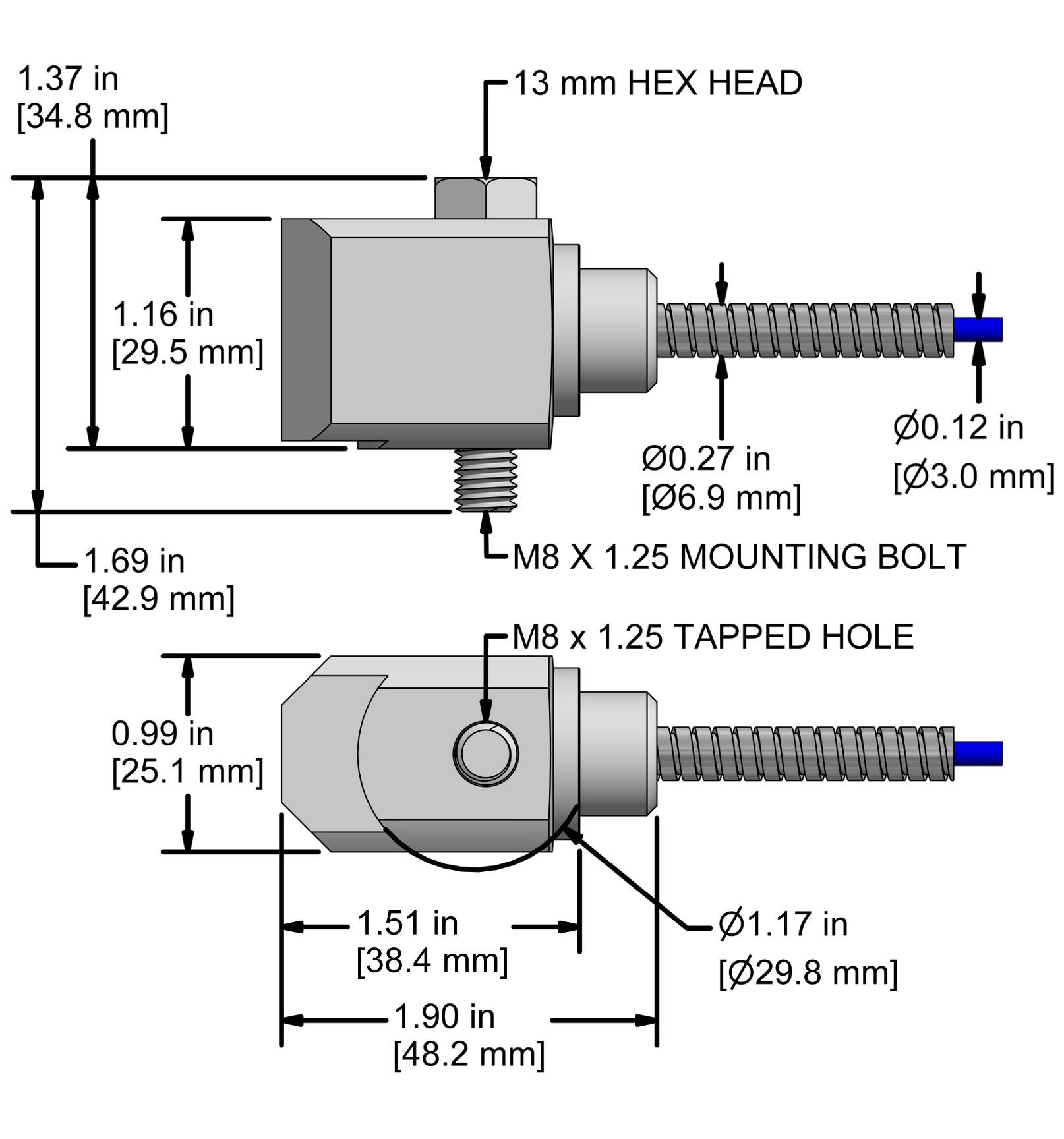 A drawing showing the dimensions and pin configuration of a CTC TA938 industrial accelerometer with armored integral cable.