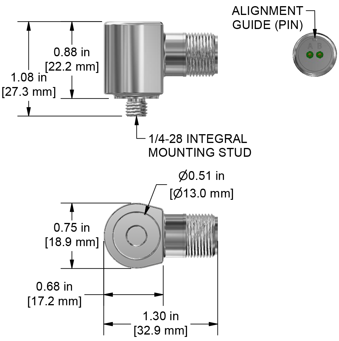 A drawing showing the dimensions and pin configuration of a CTC UEA334 industrial accelerometer.