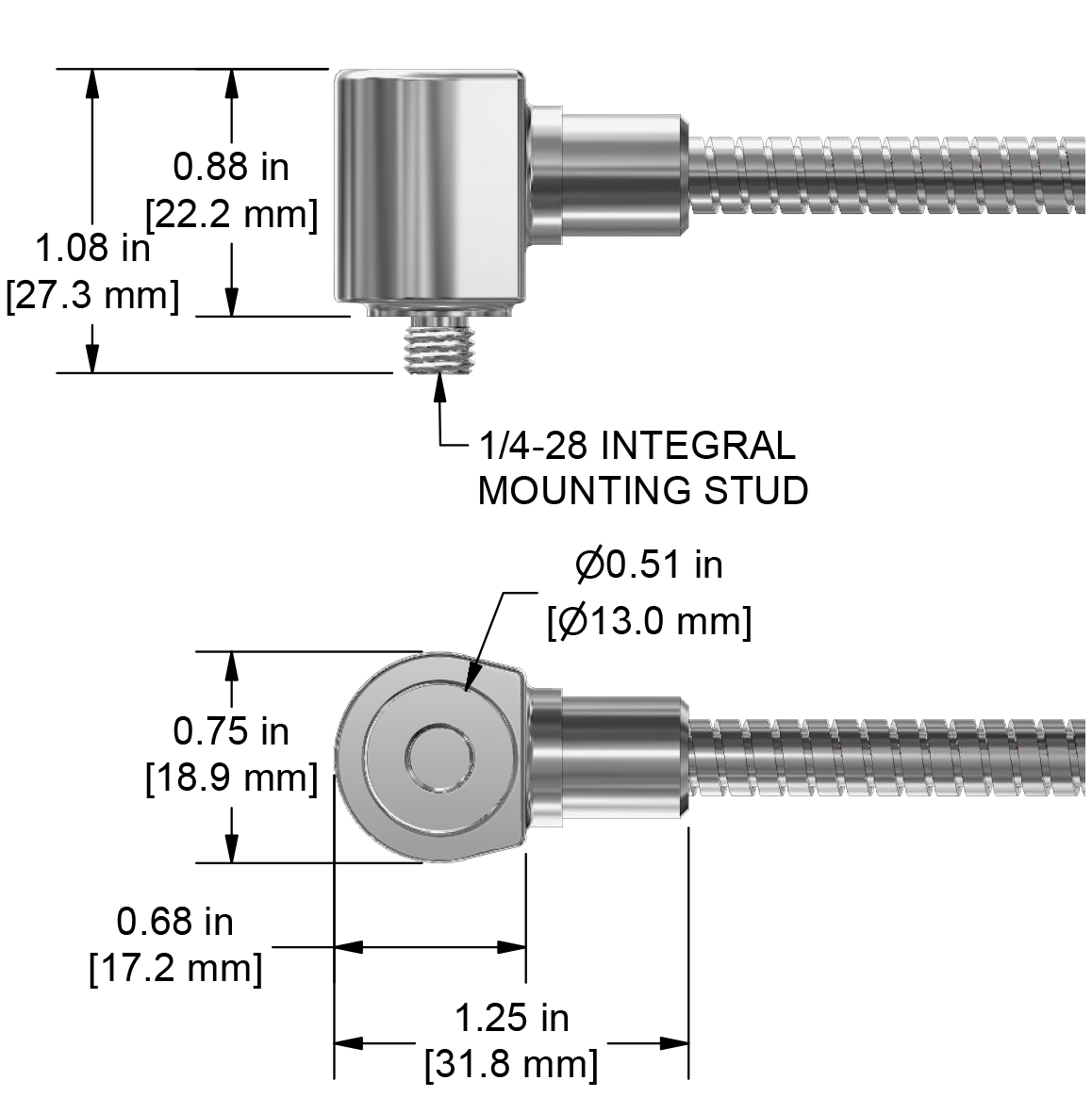 A drawing showing the dimensions and pin configuration of a CTC UEA334 industrial accelerometer.