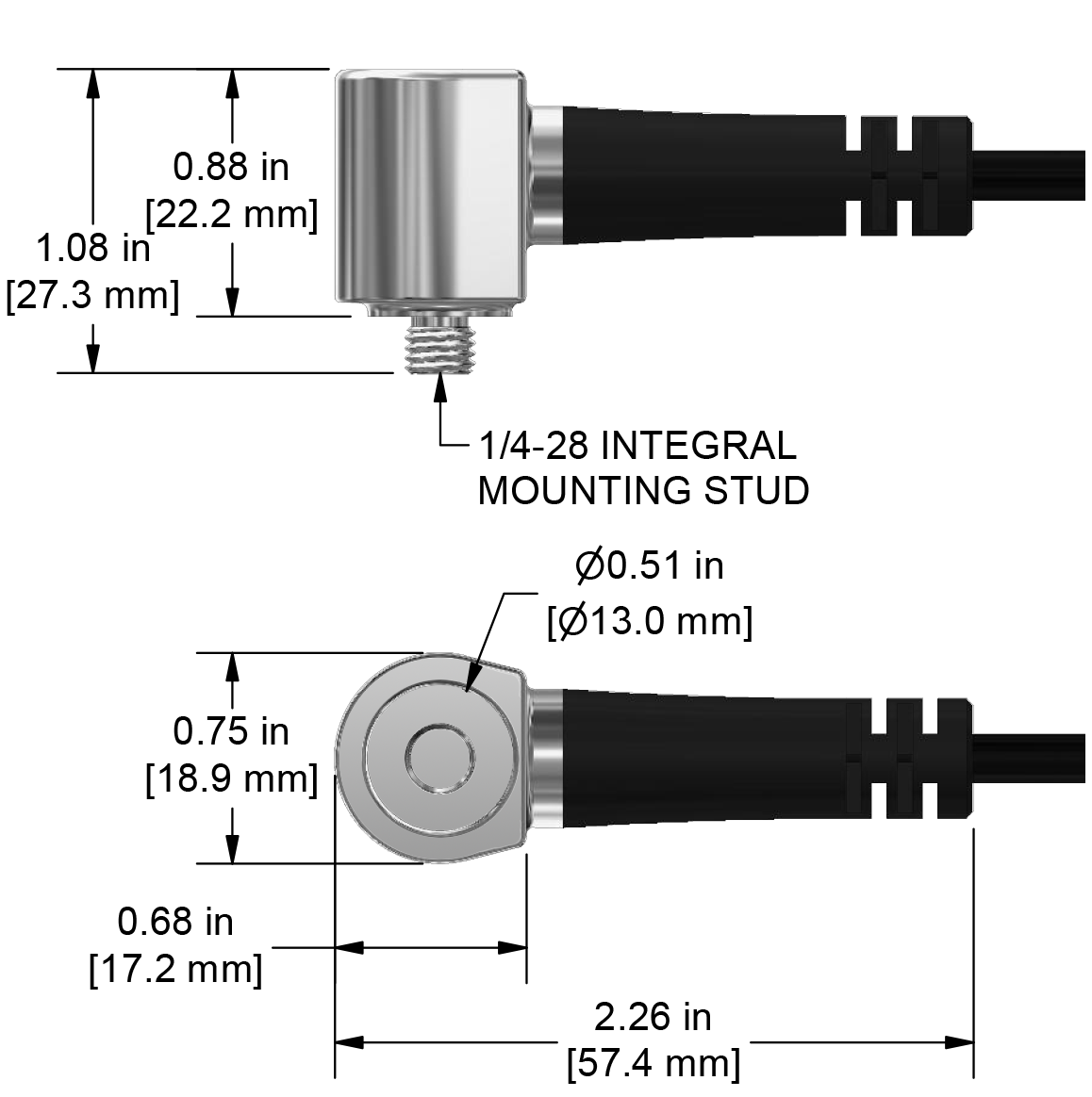 A drawing showing the dimensions and pin configuration of a CTC UEA334 industrial accelerometer.