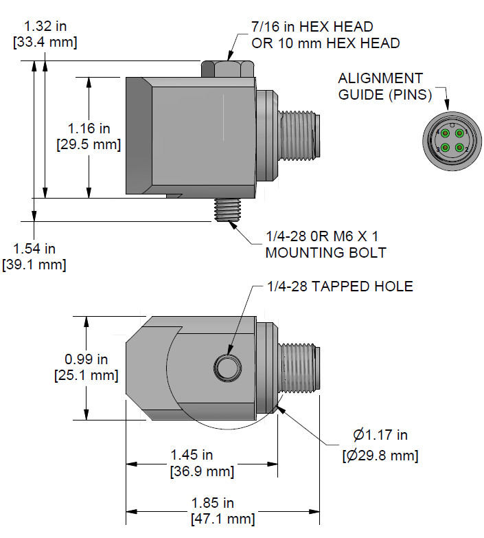 A drawing showing the dimensions and pin configuration of a CTC TR134-M12A industrial accelerometer.