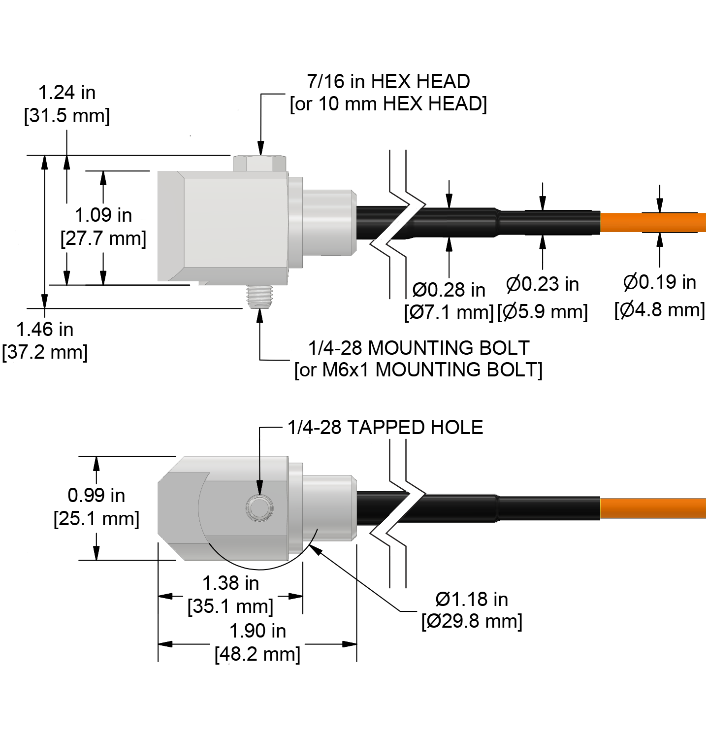 A drawing showing the dimensions and pin configuration of a CTC TA234 industrial accelerometer with FEP jacketed integral cable.