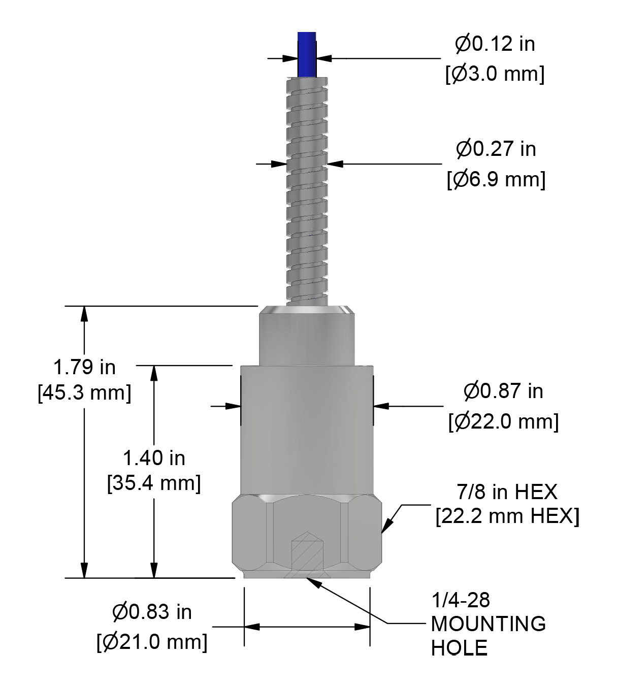 A drawing showing the dimensions and pin configuration of a CTC VE801 industrial accelerometer.