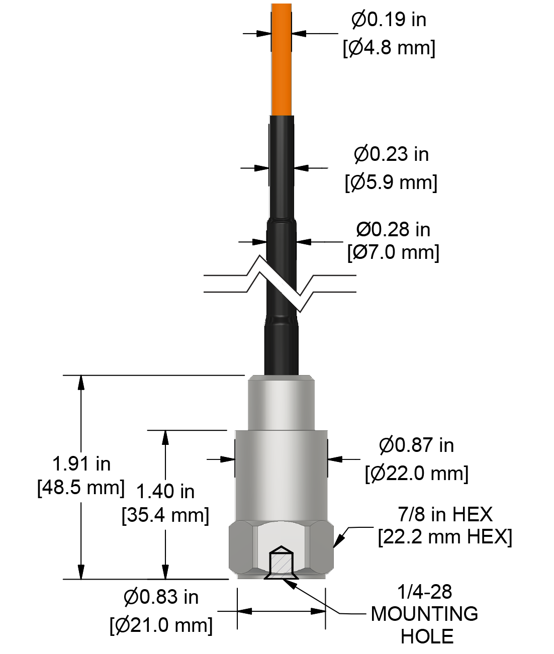 A drawing showing the dimensions and pin configuration of a CTC TA233 industrial accelerometer with FEP jacketed integral cable.