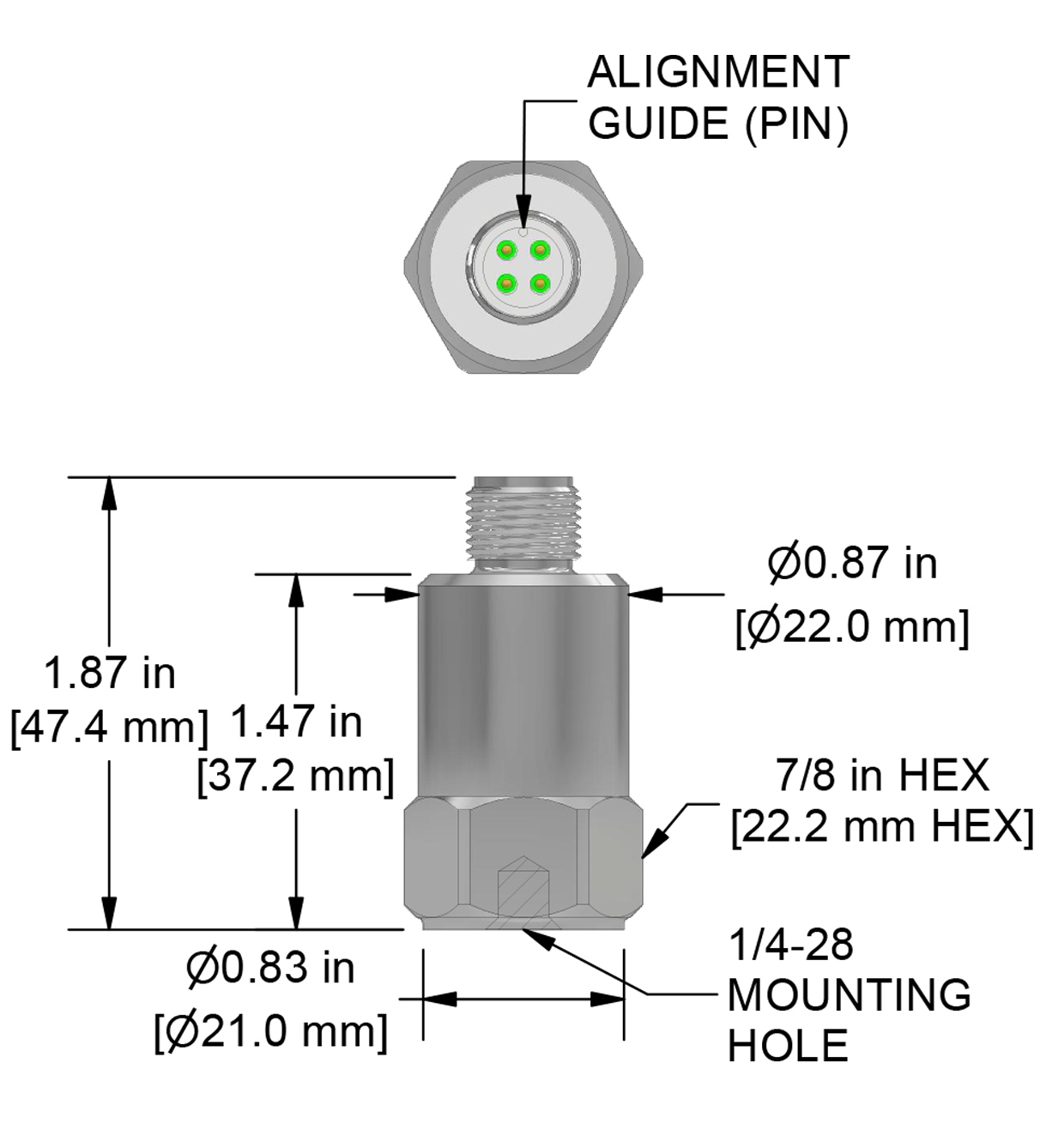 A drawing showing the dimensions and pin configuration of a CTC AC102-M12A industrial accelerometer.