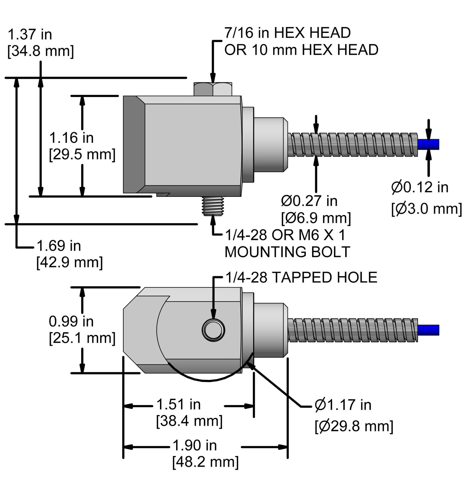 A drawing showing the dimensions and pin configuration of a CTC AC934 industrial accelerometer with armored integral cable.