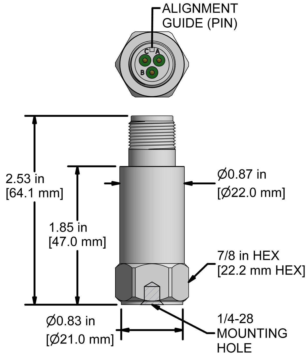 A drawing showing the dimensions and pin configuration of a CTC LP401 industrial accelerometer.