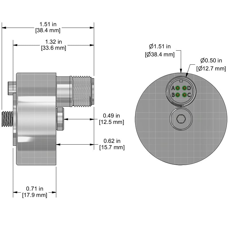 A drawing showing the dimensions and pin configuration of a CTC TCEB331 industrial accelerometer.