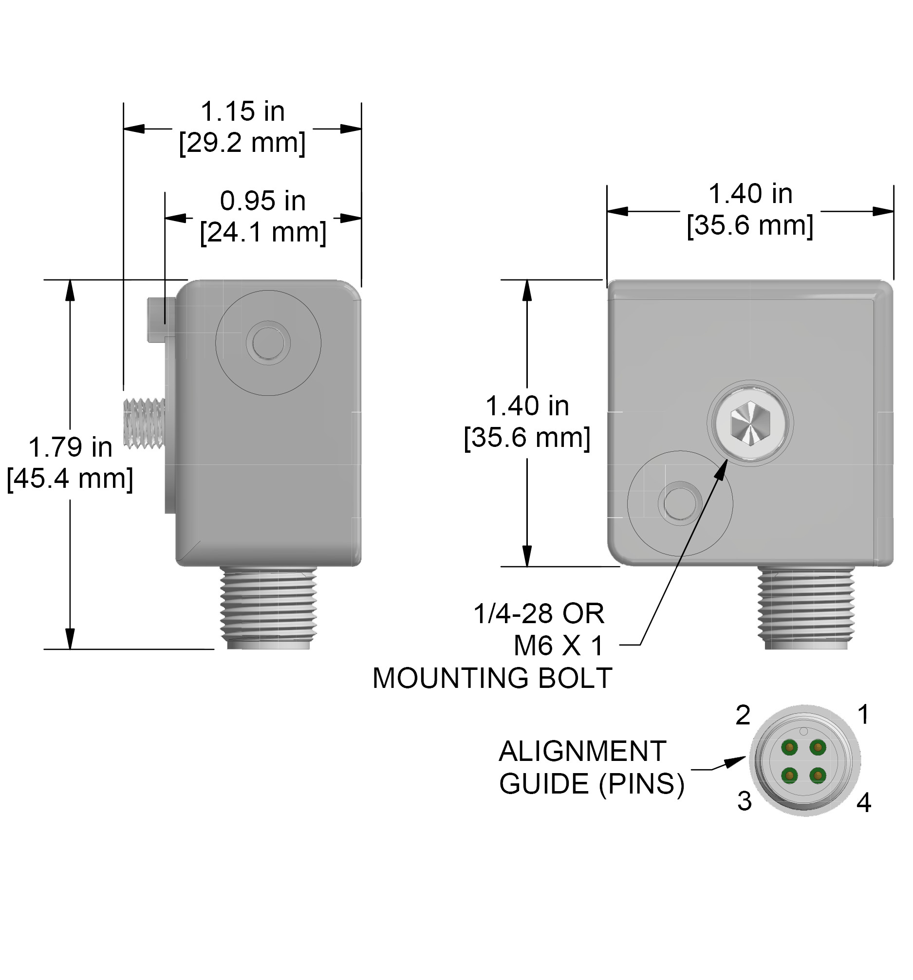 A drawing showing the dimensions and pin configuration of a CTC AC115-M12D industrial accelerometer.