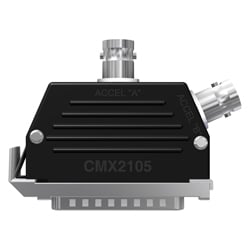 A side view of a black molded CMX2105 data collector adapter with a stainless steel 25 pin adapter on the bottom of the connector, and two BNC jacks on the top and side.