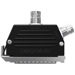 A side view of a black molded CMX2136-AV data collector adapter with a stainless steel 25 pin adapter on the bottom of the connector, and two BNC jacks on the top and side.