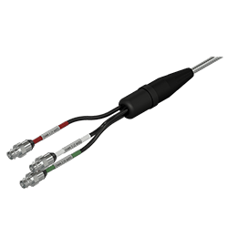 A side view of a CTC E3X BNC jack connector on a black CTC cable, above a front view of the BNC jack connection.