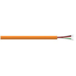 A section of orange FEP jacketed CB119 cable with four conductor wires (red, black, green, and white) and one drain wire extending from the right side of the cable.