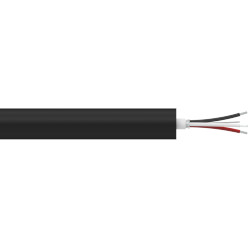 A section of black hydraulic hose jacketed CB512 cable with one red conductor wire, one black conductor wire, one white conductor wire, and one drain wire extending from the right side of the cable.