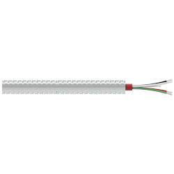 A section of stainless steel armor jacketed CB618 cable with four conductor wires (one red, one green, one white, one black), and one drain wire extending from the right side of the cable.