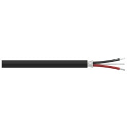 A section of black polyurethane jacketed CBR110 cable with one red conductor wire, one black conductor wire, and one drain wire extending from the right side of the cable.