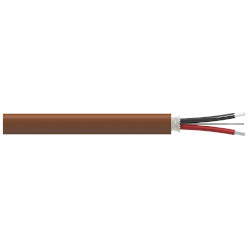 A section of brown LSZH jacketed CBR124 cable with one red conductor wire, one black conductor wire, and one drain wire extending from the right side of the cable.