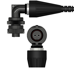 A side view of a D2D black polyurethane right-angle connector, on a black CTC industrial cable, above a front view showing the two sockets.