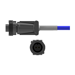 A side view of a black D2Q condition monitoring sensor connector on a blue CTC industrial cable, above a front view showing the two sockets.