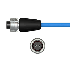 A side view of a Q2N black nylon connector with stainless steel locking ring, on a blue CTC industrial cable, above a front view showing the two sockets.