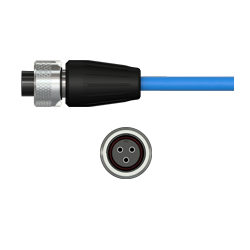 A side view of a Q3N black nylon connector with stainless steel locking ring, on a blue CTC industrial cable, above a front view showing the three sockets.