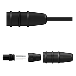 A side view of an assembled CK-B2A boot connector kit made of black silicone above a side view of all the connector kit components.