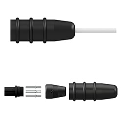 A side view of an assembled CK-B3A boot-style connector kit made of black polycarbonate, shown above a side view of all the connector kit components.