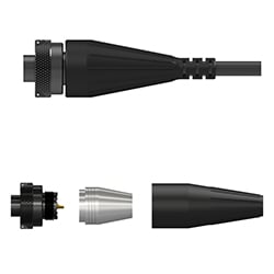 A side view of an assembled CK-D2C connector kit made of black polyurethane above a side view of all the connector kit components.