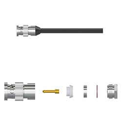 A side view of an assembled CK-F BNC connector kit shown above a side view of all the connector kit components.
