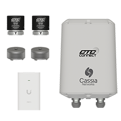A render of the components of the KWSXX-2000 starter kit including mounting magnets, sensors, and ACCESS2000 wireless gateway.