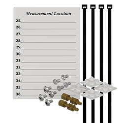 Render of a CTC JB914-5A Junction Box measurement location card labeled Channels 25-36, with 4 zip ties and mounting hardware