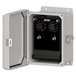 A render of a CTC PAB110 Series fiberglass enclosure shown with door open.