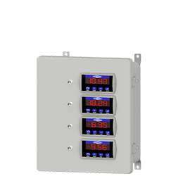 A render of CTC's SCD100 series vibration relay and display system enclosure shown with optional tri-color stack light.