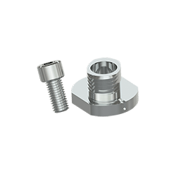 A stainless steel threaded quick disconnect stud facing upwards on a flat, circular stainless steel base next to a stainless steel socket head cap screw.
