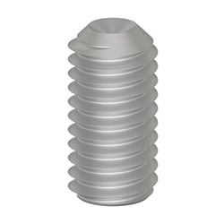 A stainless steel MH108-33B threaded set screw with cup-point facing upwards and hex notch on the bottom.