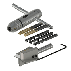 An MH117-1A accelerometer installation tool kit including one silver metal spotface tool, three metal drill tips, and a black metal hex wrench.