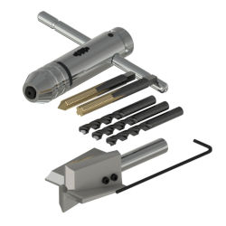 An MH117-11B accelerometer installation tool kit including one silver metal spotface tool, three metal drill tips, one black metal hex wrench, two metal tap, and one metal ratcheting tap handle..