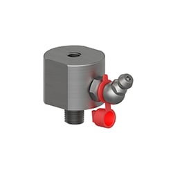A stainless steel MH134-2B mounting pad for condition monitoring sensors, with a threaded stud on the bottom of the adapter, a 45°-angle Zerk grease fitting with red plastic cap on the side, and a tapped hole on the top..