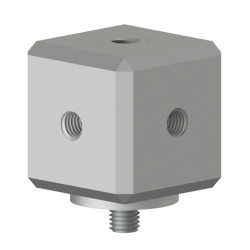 An MH144-2A stainless steel mounting block for three single-axis accelerometers, with an integral stud on the bottom of the cube and a threaded hole on the top and two sides of the cube.