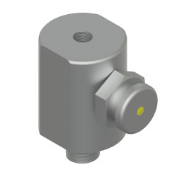 A stainless steel MH145-1B mounting pad for condition monitoring sensors, with a threaded stud on the bottom of the adapter, a button head grease fitting adapter on the side, and a tapped hole on the top.
