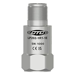 A stainless steel, standard size, top exit LP202 loop power sensor engraved with the CTC Line logo, part number, serial number, and CE and UKCA certification markings.