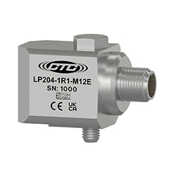 A stainless steel, standard size, M12 side exit LP204-M12E loop power sensor engraved with the CTC Line logo, part number, serial number, and CE and UKCA certification markings.