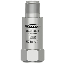 A stainless steel top exit LP852 loop power sensor for continuous vibration monitoring, engraved with the CTC logo, part number, serial number, and hazardous certification logos.